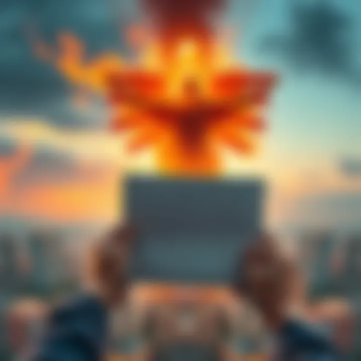 A person holding an open letter, looking towards a powerful figure symbolizing Arishem, with a backdrop of a cityscape.