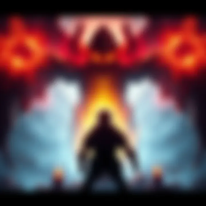 A gamer facing off against Messmer, a dark, armored figure with glowing eyes in a fantasy setting, surrounded by mystical energy and an unfinished game map in the background.