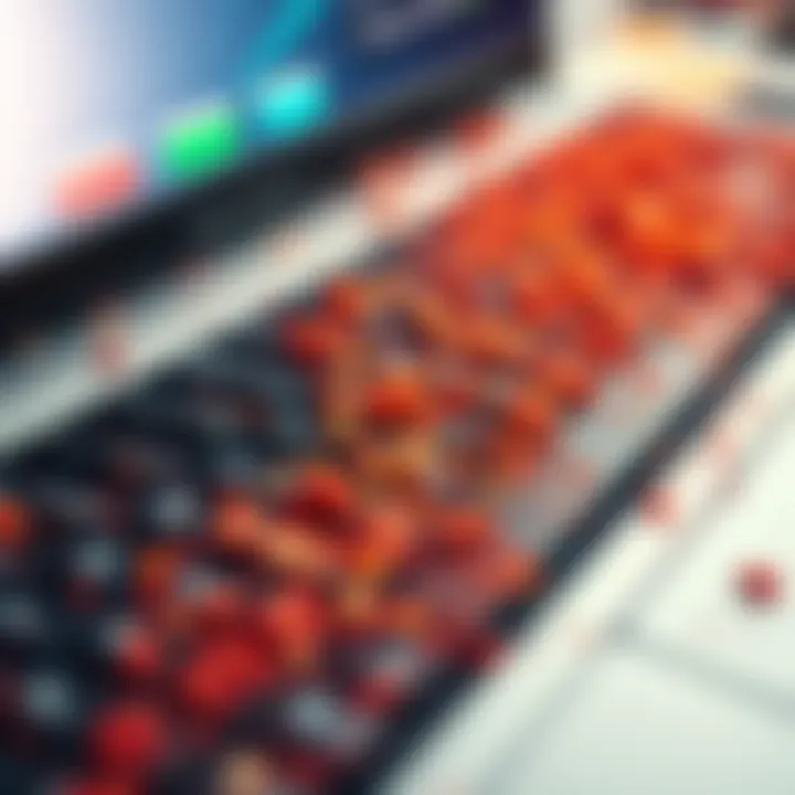 A close-up of a dirty keyboard covered in crumbs and spills from snacks, showing the need for cleaning.