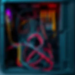 Messy PC Cable Management A chaotic view of tangled cables and wires inside a computer case, showing disorganization behind the scenes of a neat PC setup.