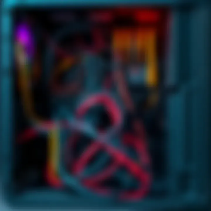 Messy PC Cable Management A chaotic view of tangled cables and wires inside a computer case, showing disorganization behind the scenes of a neat PC setup.