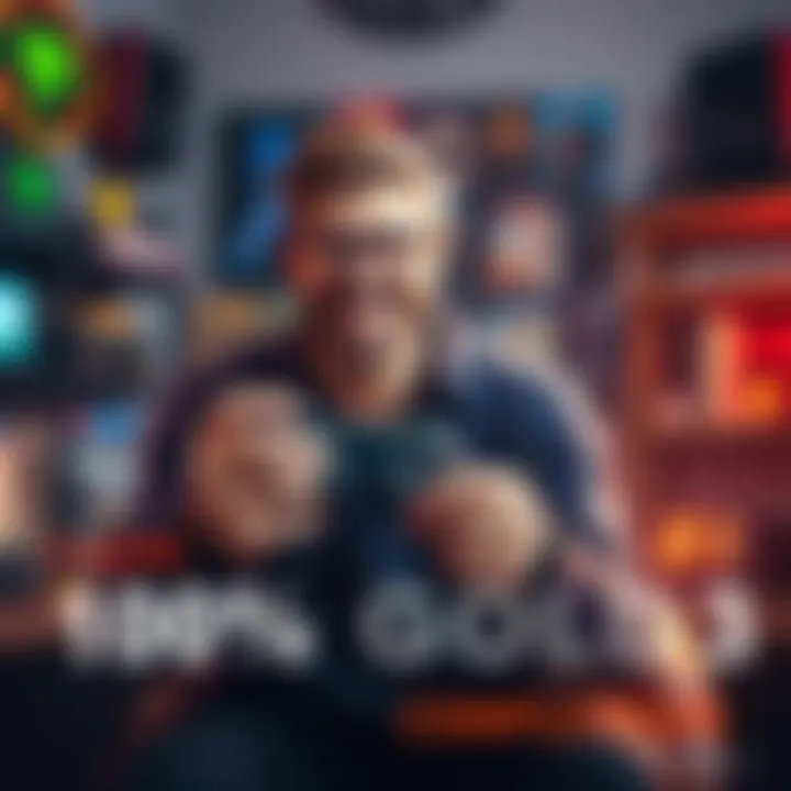 A gamer holding a controller, celebrating 100% completion in Metal Gear Solid 3 with a big smile, surrounded by game collectibles in a cozy gaming setup