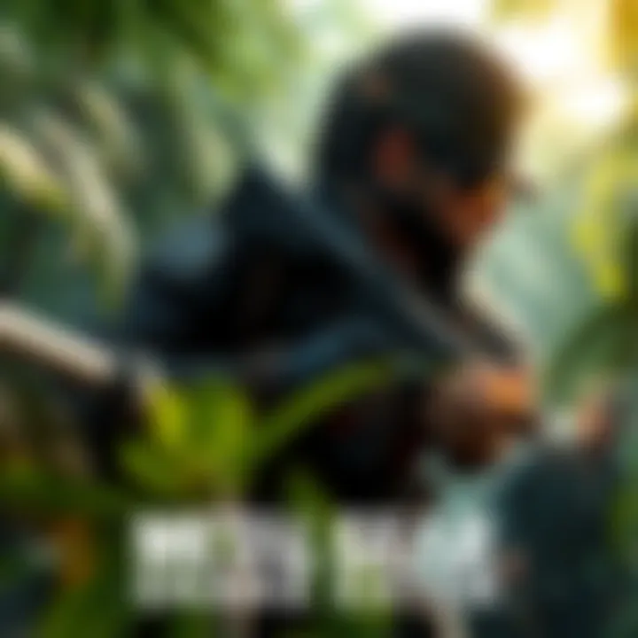 A scene from Metal Gear Solid Δ: Snake Eater showing a character sneaking through a jungle environment with a focus on stealth mechanics and action.