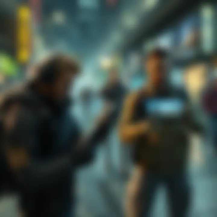 A scene showing players using PSP devices to connect to Wi-Fi and recruit NPCs in Metal Gear Peace Walker