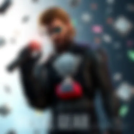 Metal Gear Platinum Trophies A character from the Metal Gear series standing proudly with a Platinum trophy in hand, surrounded by game icons and achievements, representing the challenge of completing games.