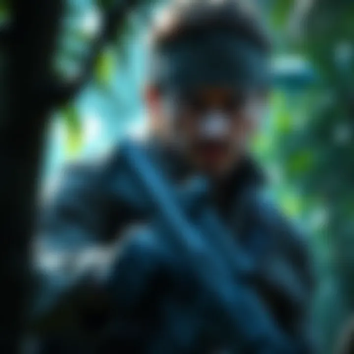 A close-up of a character in a camouflage outfit holding a gun, surrounded by jungle scenery, representing the theme of stealth in Metal Gear Solid 3.
