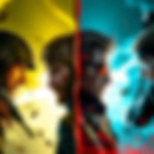 A scene showing characters and gameplay elements from Metal Gear Solid: Snake Eater and Metal Gear Solid V: Phantom Pain facing off in a split screen