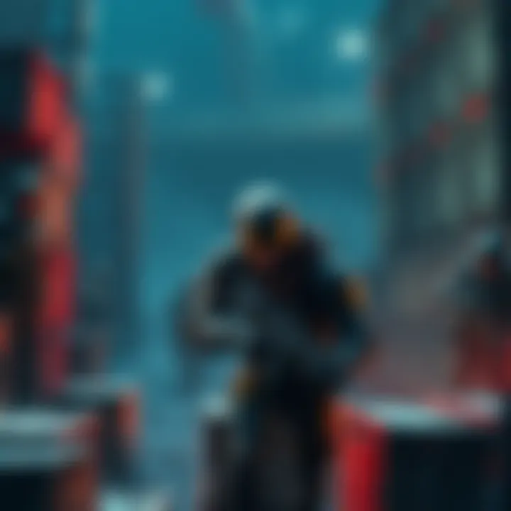 A scene showing a character sneaking in a game environment filled with crates and enemy soldiers.