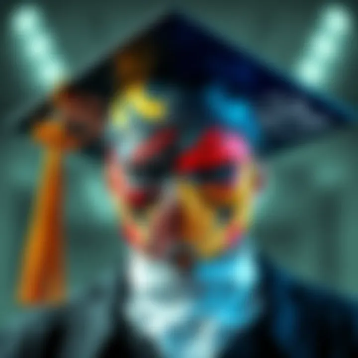 Metal Gear Solid Graduation Cap A colorful graduation cap decorated with designs inspired by Metal Gear Solid characters Big Boss and Adamska, showcasing creativity and fandom.