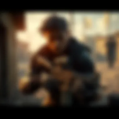 A character in Metal Gear Solid 1 sneaking through a military base with guards in the background.