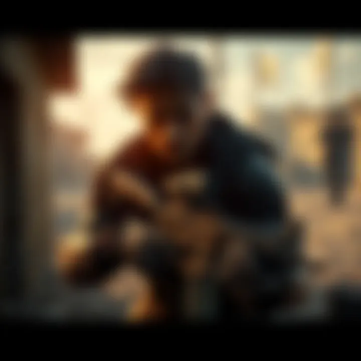 A character in Metal Gear Solid 1 sneaking through a military base with guards in the background.