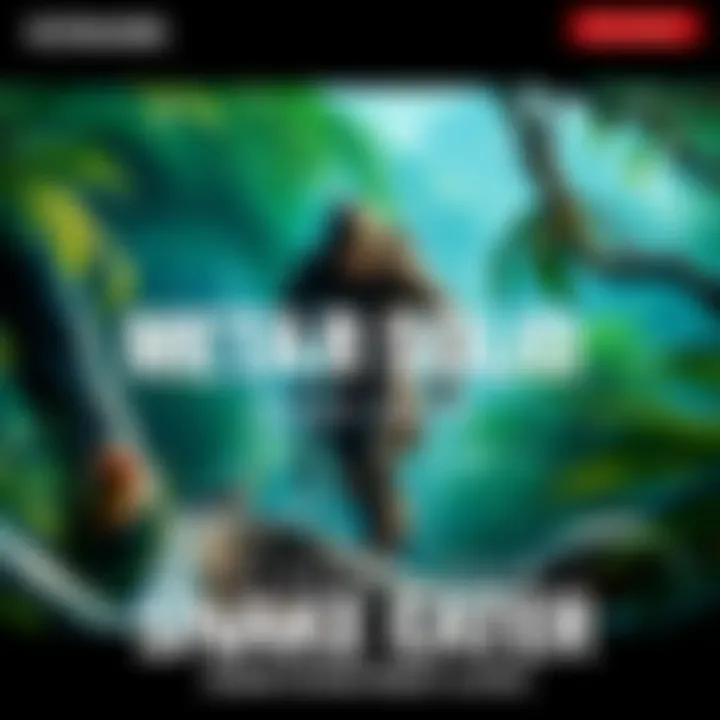 An action scene featuring a soldier in combat gear, stealthily navigating through a jungle environment with a snake nearby, representing the game METAL GEAR SOLID Δ: SNAKE EATER.