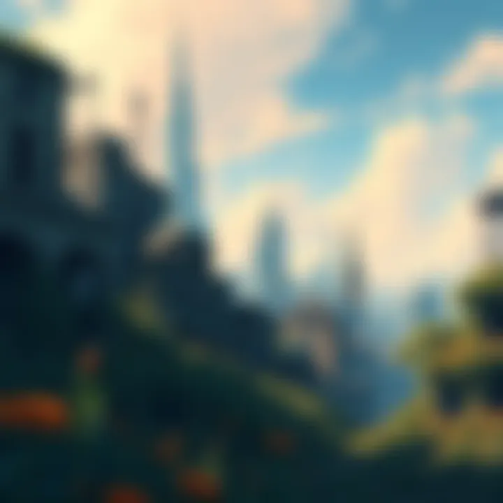 A detailed illustration showing a ruined city skyline with overgrown plants and abandoned buildings, capturing the essence of a post-apocalyptic world.