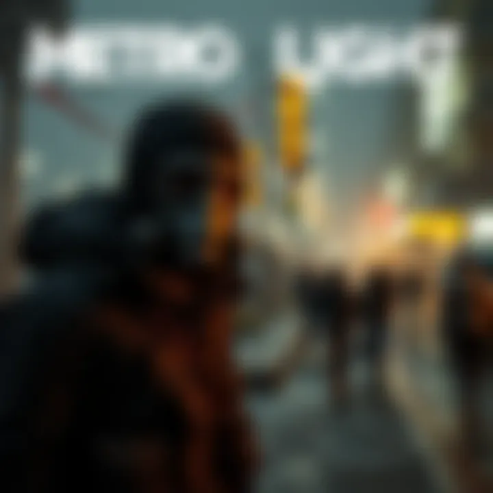 A tense scene from the Metro Last Light live action trailer, featuring a character in a gas mask exploring a post-apocalyptic city