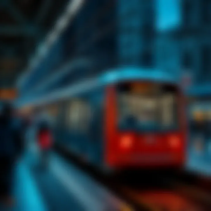 A modern metro train arriving at a busy urban station with people boarding and exiting.