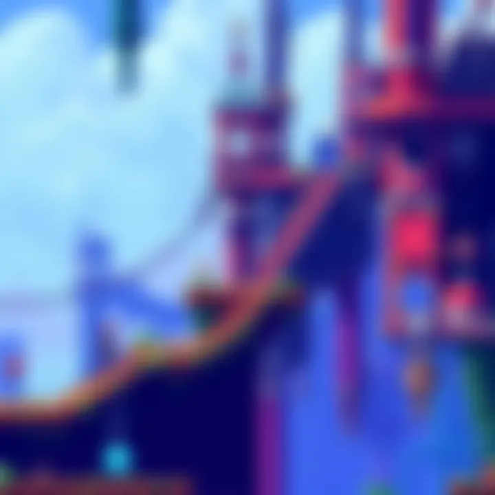 A character traverses a retro-style game level, retracing steps in a colorful, interconnected world. Platforms and obstacles surround them as they explore previous areas.