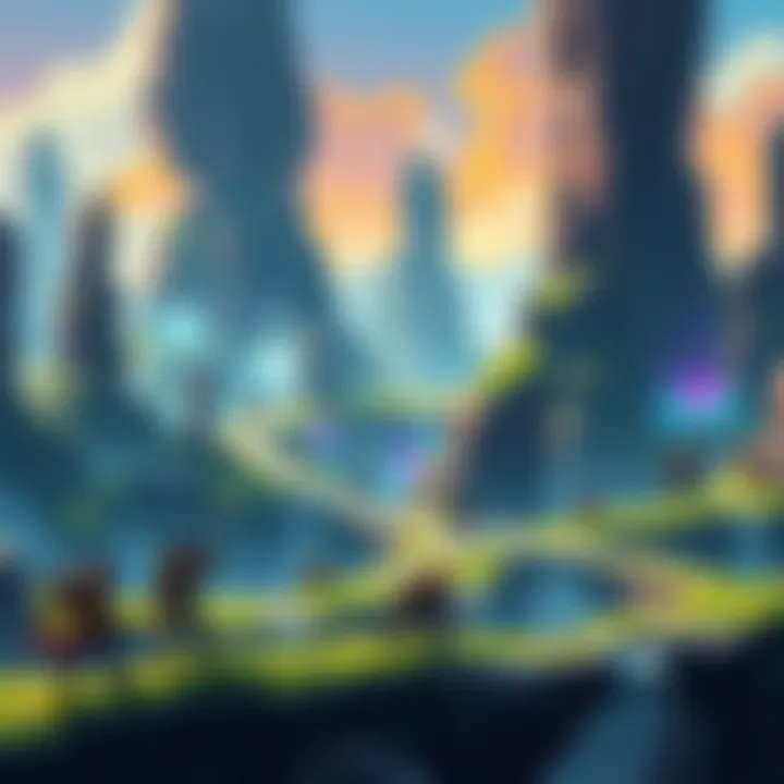 Concept art showing a vibrant, rich landscape typical of metroidvania games, with various characters exploring the area and battling enemies.