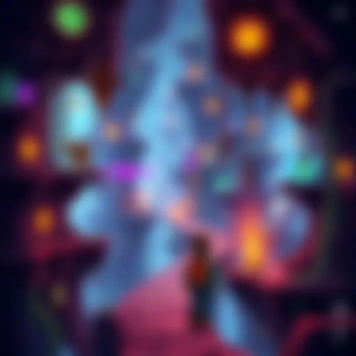 Metroidvania Game Scene A character exploring a colorful, intricate game world typical of Metroidvania design, facing obstacles and enemies while backtracking through levels.