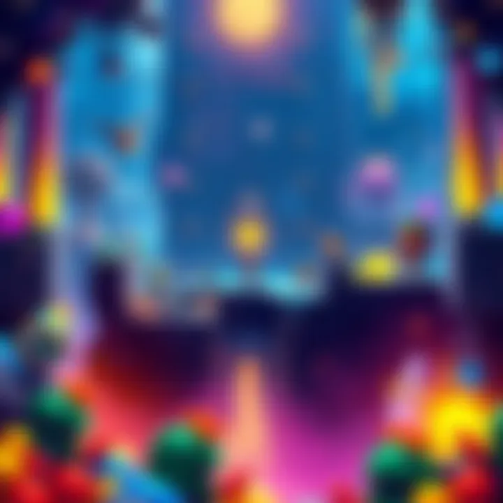 A vivid scene from a Metroidvania game showing a character exploring a colorful world with various platforms and enemies.