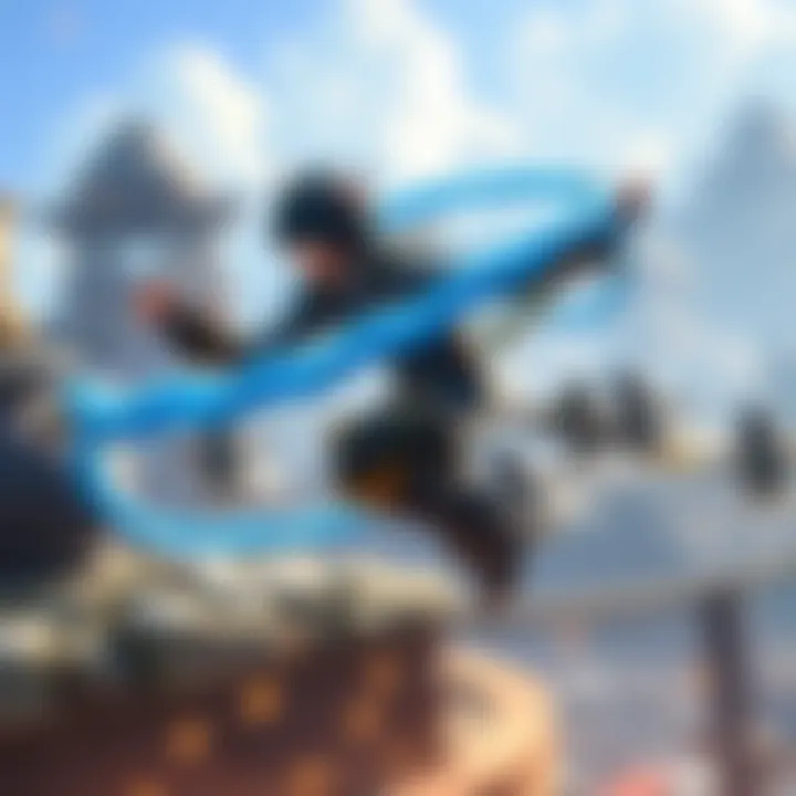 A character from Monster Hunter Rise using the blue magic rope to move swiftly in the game environment, showcasing dynamic action and excitement in combat