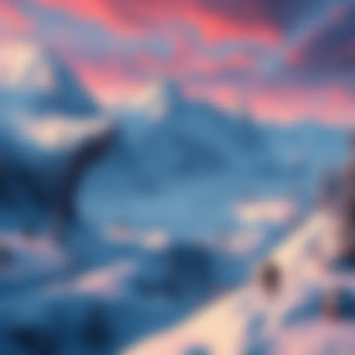 A vibrant scene showcasing the Thugfrost Reach area from the MH Wilds expansion, featuring snowy mountains, icy terrain, and adventurous players exploring the landscape.