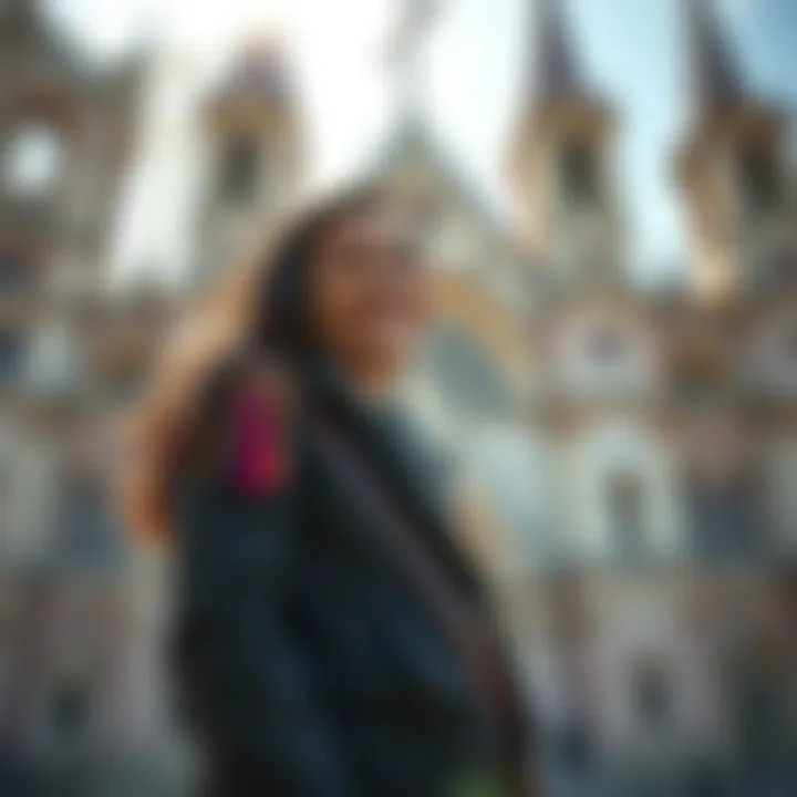 Mia standing in front of the Cathedral, smiling as sunlight shines on the beautiful architecture behind her.