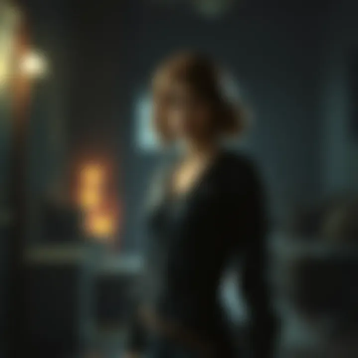 MIA from Resident Evil 7 MIA standing in the dimly lit Baker residence, looking concerned and conflicted about her actions.