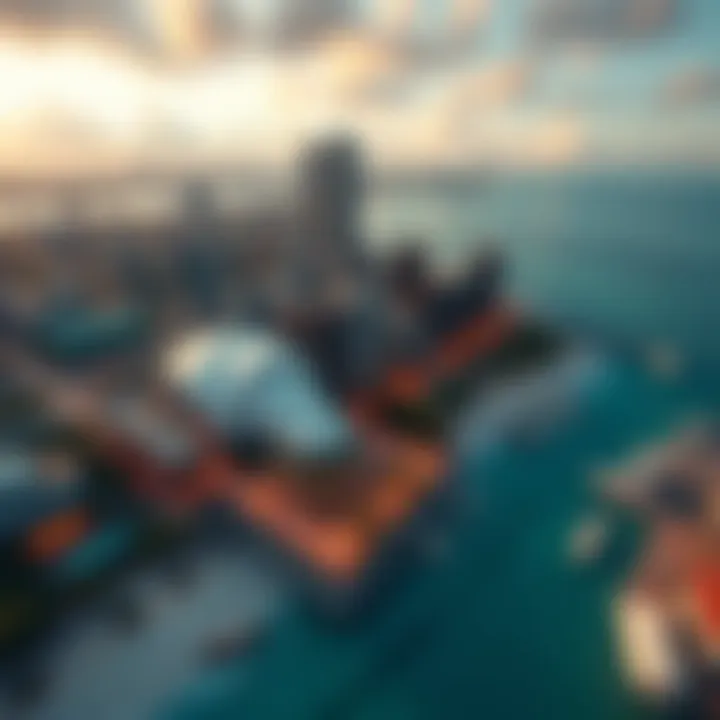 Miami Map Overview A view of Miami's vibrant map showing food stalls, beaches, and luxury lounges, highlighting the diverse areas of the city.