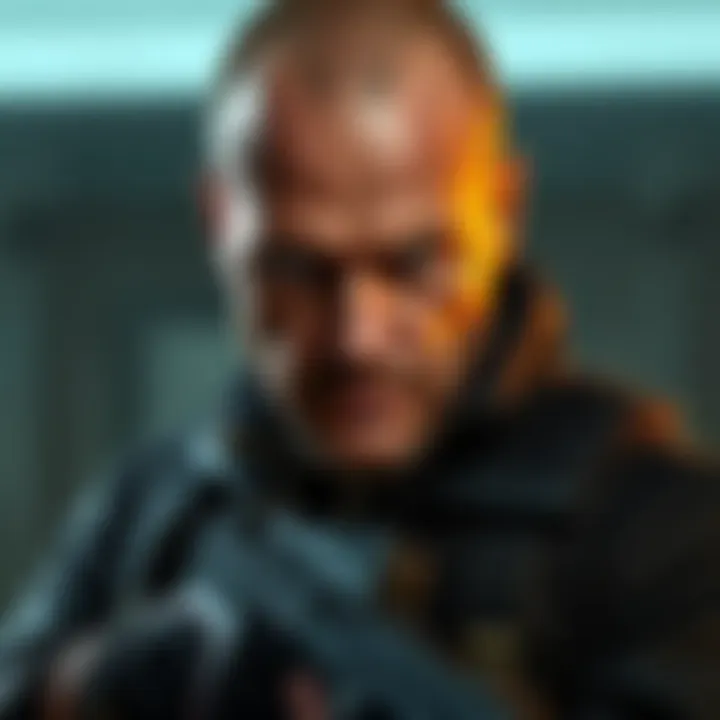 Michael Ironside portraying Sam Fisher in a dark tactical outfit, showcasing his serious expression and signature look from the game series.