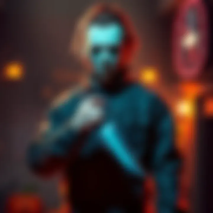 Michael Myers stands menacingly with a knife in a Halloween-themed video game setting, showcasing his character's strong presence and killer instincts.