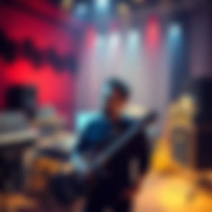 Mick Gordon in a recording studio Mick Gordon working on music in a studio setting with instruments and equipment around him