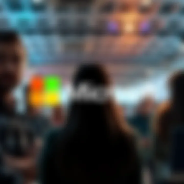 Microsoft logo with a backdrop of employees looking concerned, representing upcoming layoffs in 2026.