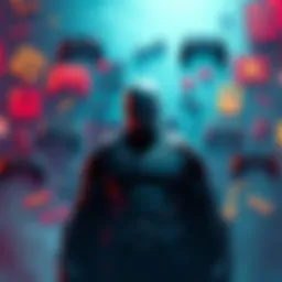 Concept art showing a shadowy figure representing Blade amidst gaming icons, symbolizing uncertainty in Marvel game development.