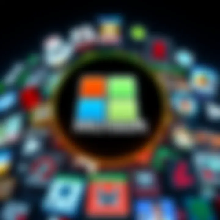 Microsoft logo displayed with various digital game icons around it, representing the gaming industry