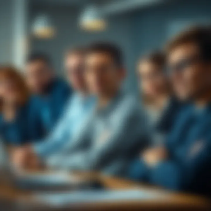 A team of professionals looking concerned during a company meeting about job layoffs at Microsoft.