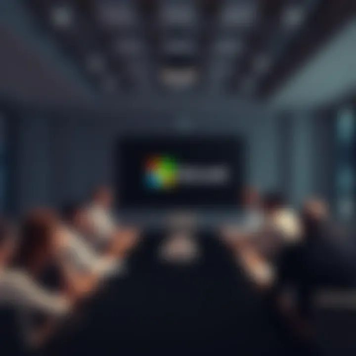 A corporate meeting room showing a Microsoft logo with employees looking concerned about job cuts