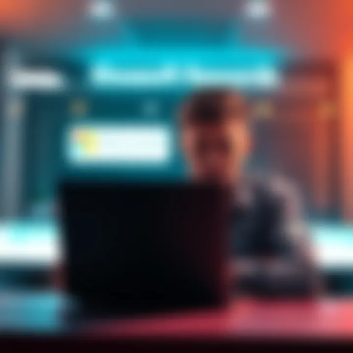 A person on a laptop looking concerned about their flagged Microsoft Rewards account, with a help desk in the background.