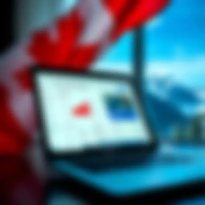 A Canadian flag next to a laptop displaying Microsoft Rewards dashboard with points and offers