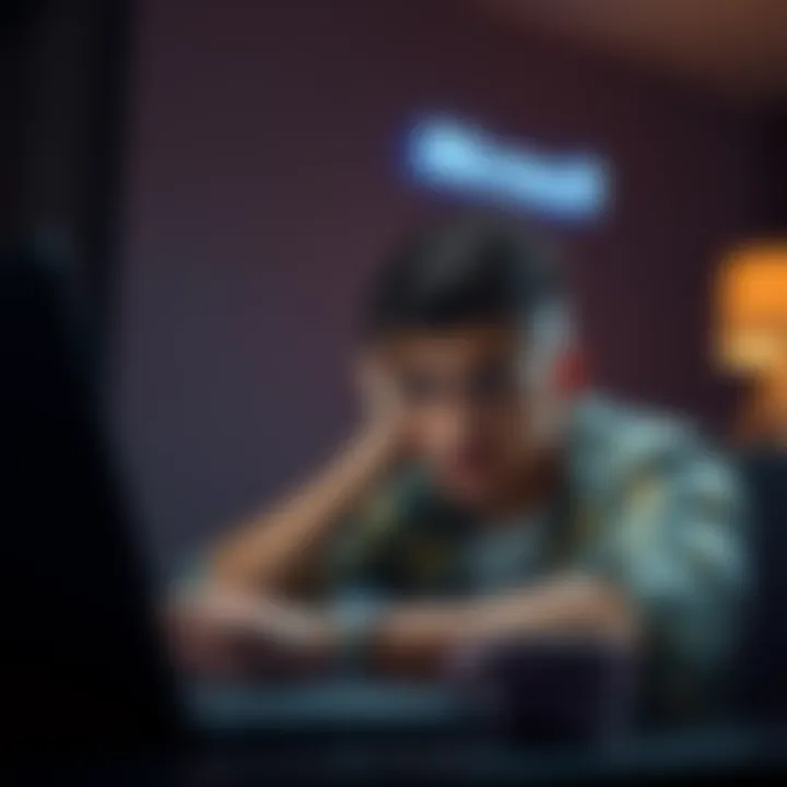 A person looking concerned while checking their Microsoft Rewards account on a laptop, showing visible frustration with account restrictions.