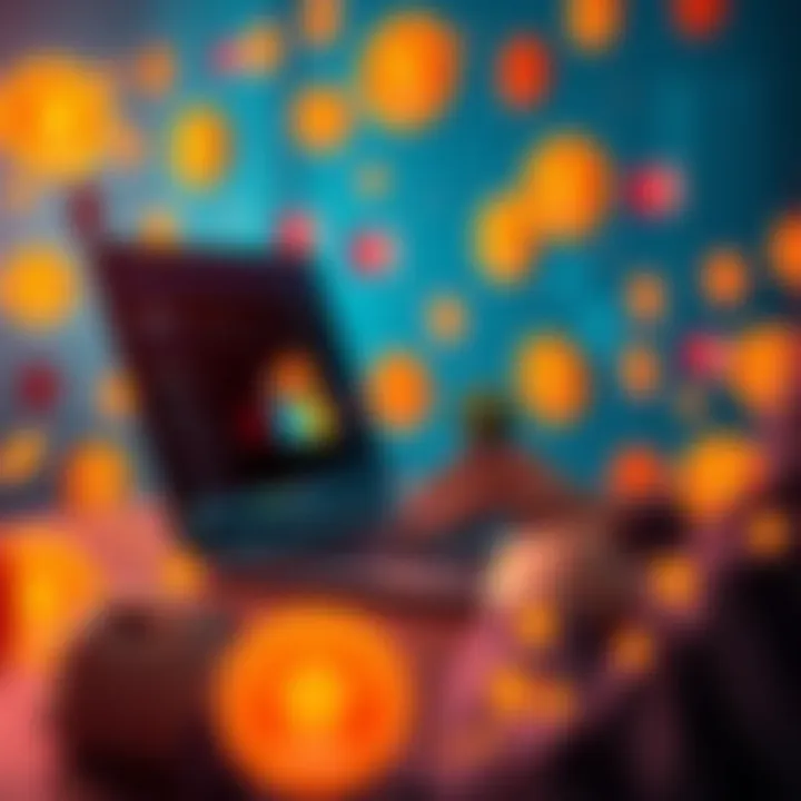 A person using a laptop to earn Microsoft Rewards points while surrounded by colorful reward icons