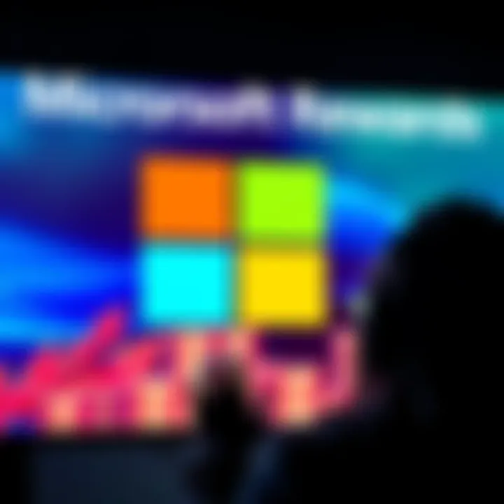 Graphic showing Microsoft logo with a representation of rewards points and a worried person looking at a screen