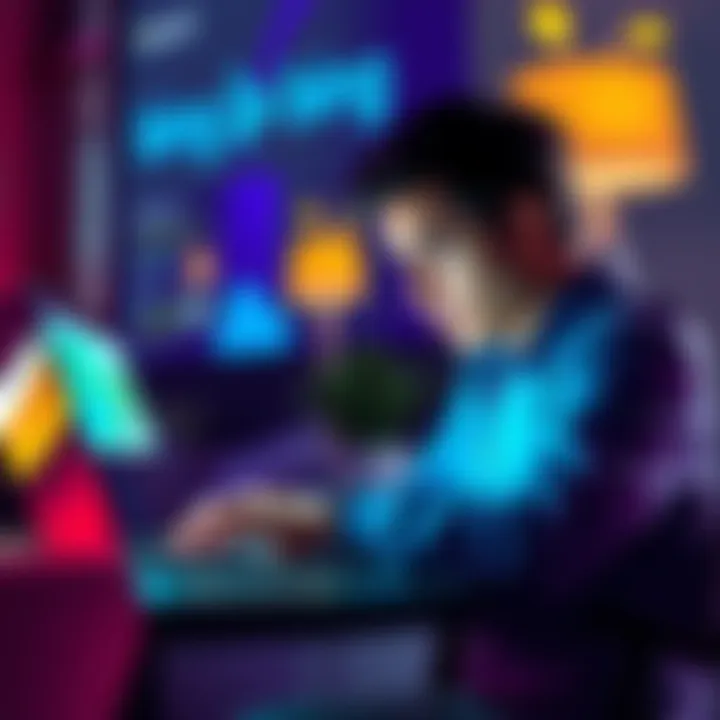 A person using a laptop with Bing open, looking concerned about Microsoft Rewards notifications, with visible Microsoft Rewards symbols