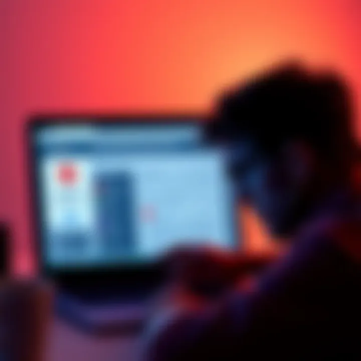 A frustrated user looking at a laptop screen showing a search block notification from Microsoft Rewards.