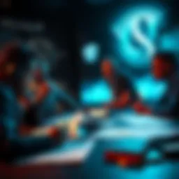 A group of game developers discussing plans for independence from Microsoft Studios, with notes and documents on a table indicating spin-off talks.