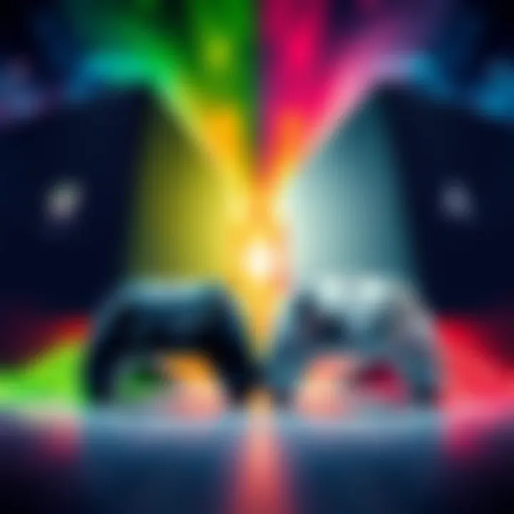 A split image showing Microsoft Xbox and Sony PlayStation consoles facing each other in a competitive stance with gaming controllers in front of them.