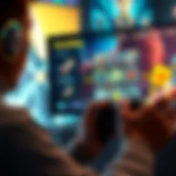 A gamer looking at a screen showing various optional in-game purchases like skins and upgrades while enjoying a video game.