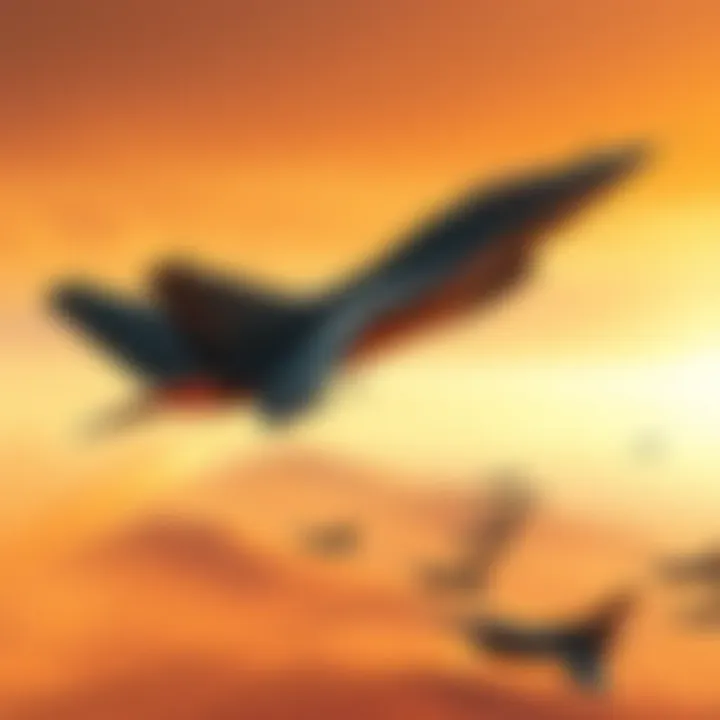 A fighter aircraft flying over a desert landscape with a mercenary squadron in the distance, showcasing realistic graphics from the mid-90s.