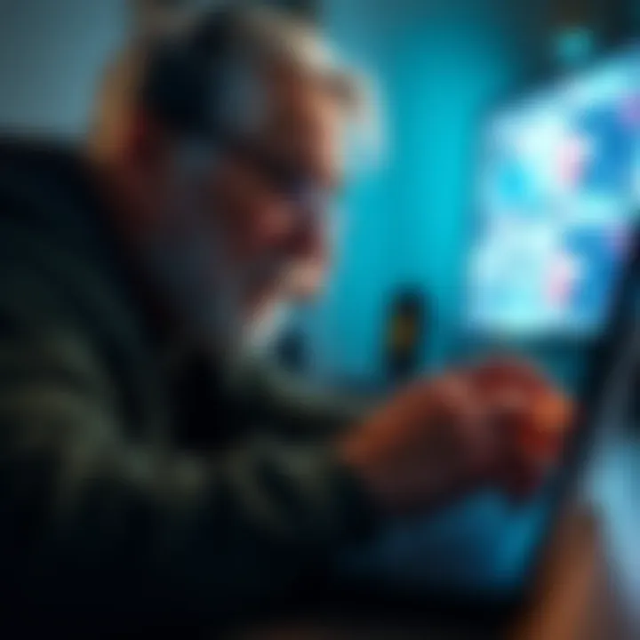 Middle-aged gamer focused on screen A middle-aged person intensely playing a fast-paced video game on a laptop, showing concentration and engagement.