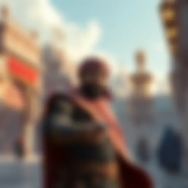 Middle Eastern Fantasy Game Scene A vibrant scene depicting a character from a Middle Eastern inspired fantasy game, showcasing intricate costumes and traditional architecture.