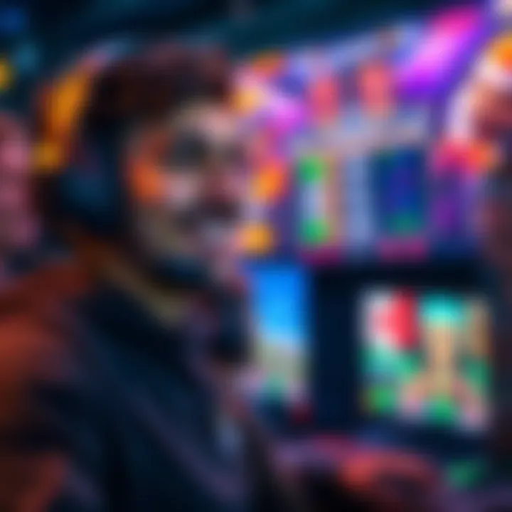 A Middle Eastern gamer wearing a headset smiles and celebrates after winning a competitive game, with a colorful screen displaying the game's scoreboard in the background.